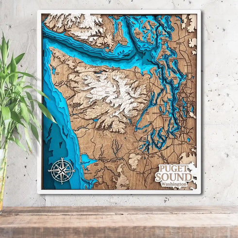 3D wooden map of Puget Sound Washington with engraved inlets and islands