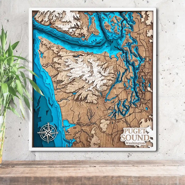 3D wooden map of Puget Sound Washington with engraved inlets and islands