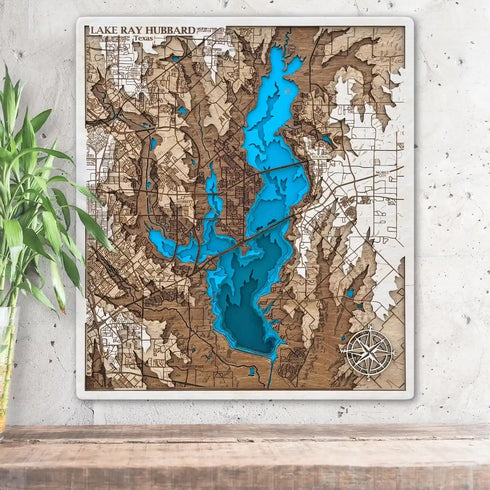 3D wooden map of Lake Ray Hubbard Texas with layered shoreline details