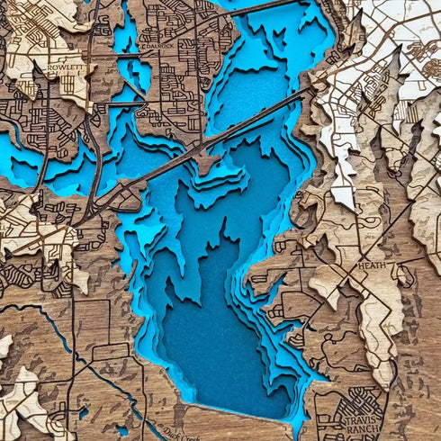 Close up of Lake Ray Hubbard 3D wooden map with vivid blue water layers
