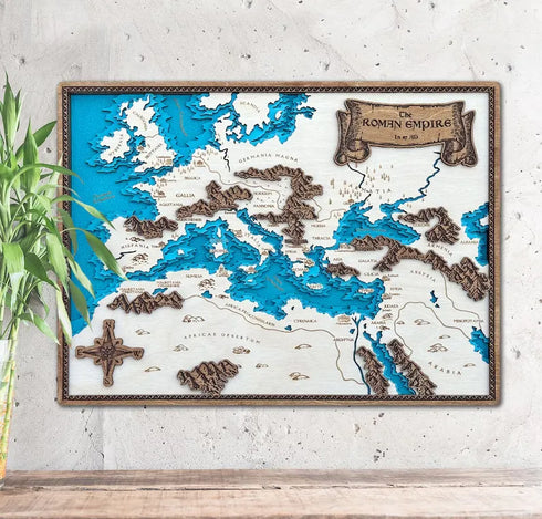 Roman Empire 3D wooden map showing provinces and coastlines