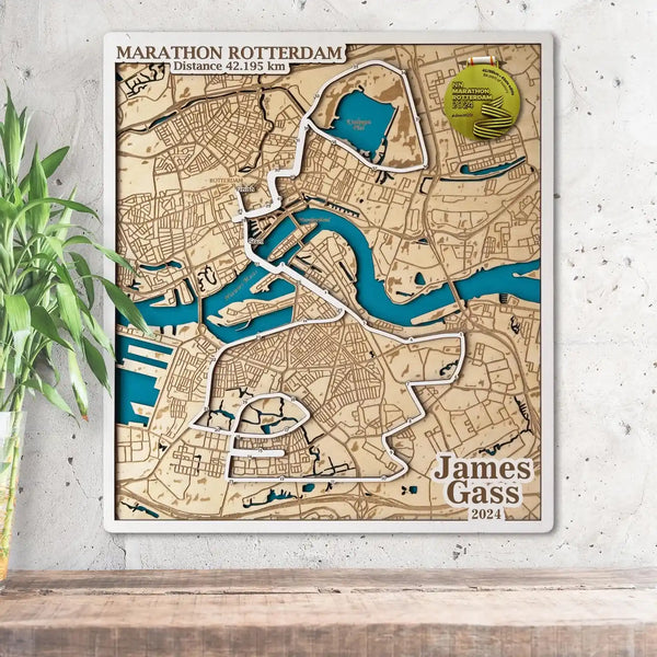 Rotterdam Marathon 3D wooden map showing race route through the city