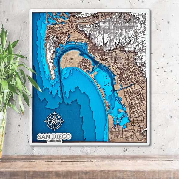 San Diego California 3D wooden map with layered shoreline and harbor