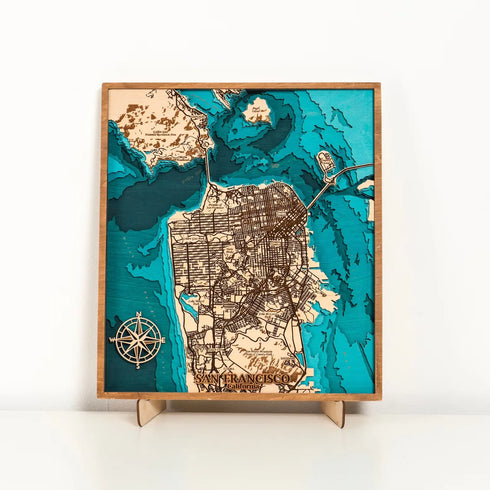 3D wooden map of San Francisco California with engraved streets and water layers