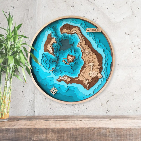 Santorini 3D Wooden Map – Handcrafted Topographic Art
Bring the beauty of the Aegean Sea into your home with this handmade 3D wooden map of Santorini. Each layer of Baltic birch wood is precisely laser-cut and assembled to reveal the island’s volcanic caldera, surrounding cliffs, and detailed shoreline. This unique wall décor highlights the famous crescent-shaped island, its surrounding islets, and intricate coastal formations.
Unique Home and Office Décor
Perfect for adding elegance and a coastal touch, th