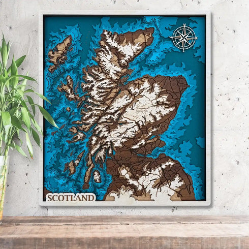 3D wooden map of Scotland with layered coastline and engraved towns