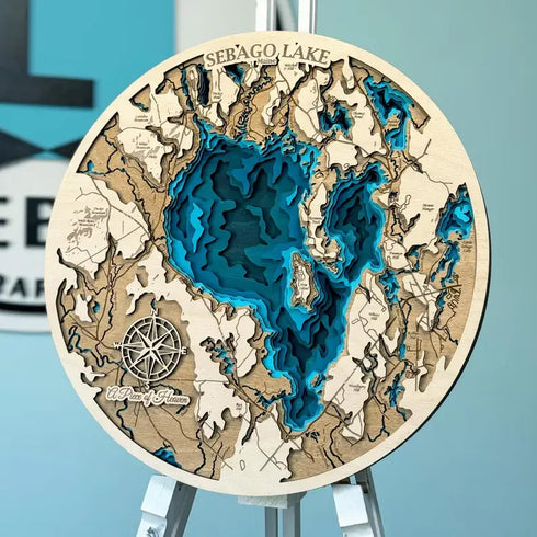3D handcrafted wooden map of Sebago Lake Maine with engraved shoreline