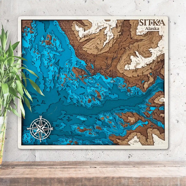 3D wooden map of Sitka Alaska with layered coastline details