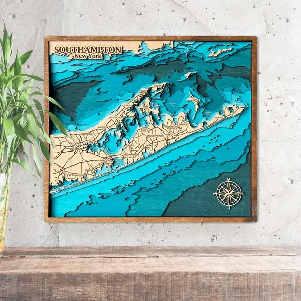 3D wooden map of Southampton New York with coastal details