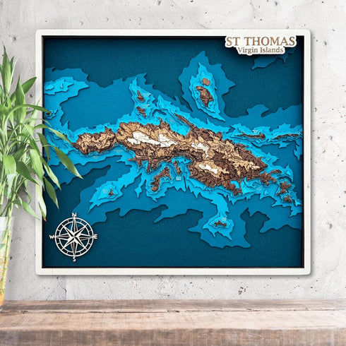 3D wooden map of St. Thomas Virgin Islands hanging on wall