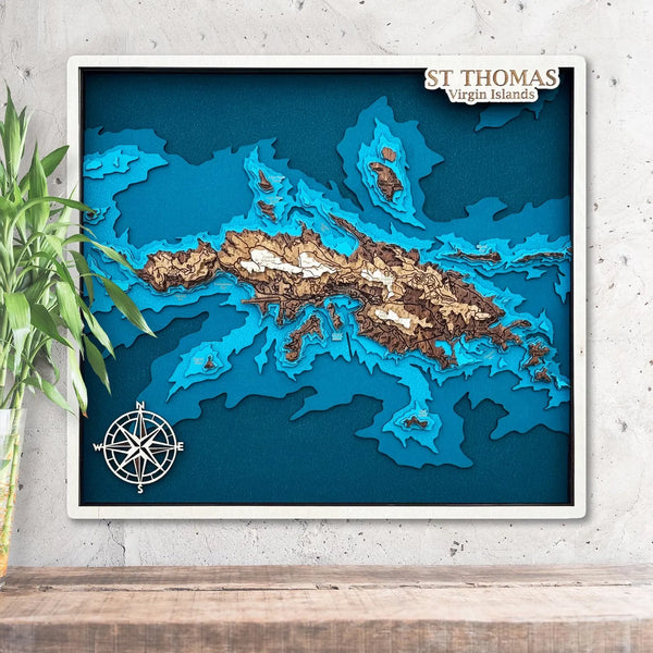 3D wooden map of St. Thomas Virgin Islands hanging on wall