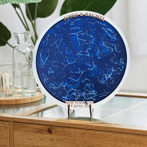 Personalized wooden star map showing custom night sky with engraved constellations