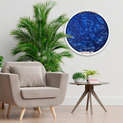 Handcrafted wood wall art of a star map for anniversaries and weddings
