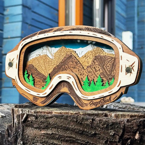 3D wooden trail map of Sugarbush Vermont framed inside ski goggles