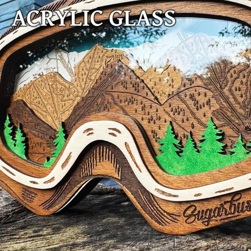 Close up of Sugarbush wooden trail map with engraved runs and alpine scenery