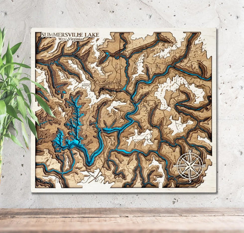 Handcrafted 3D wooden map of Summersville Lake, West Virginia hanging on a wall.