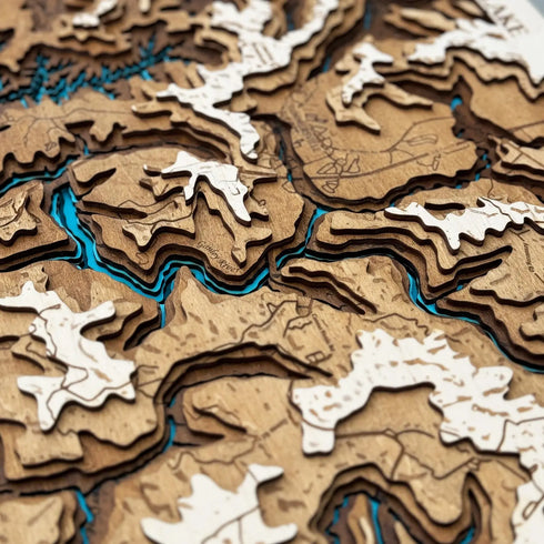 Detailed wooden carving of Summersville Lake’s shoreline and surrounding terrain.
