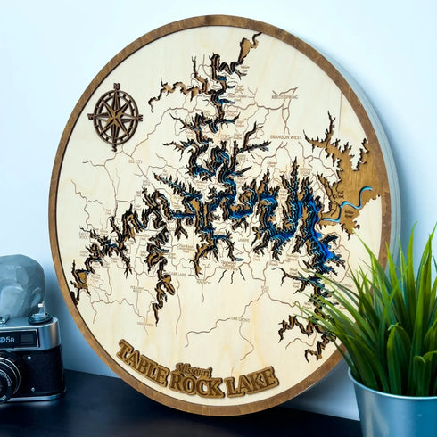 3D wooden map of Table Rock Lake Missouri with compass rose design