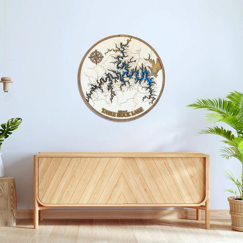Large round wooden wall art map of Table Rock Lake Missouri in modern living room