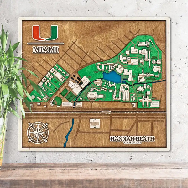 University of Miami 3D wooden campus map with layered design