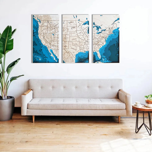 Handcrafted wood wall art of the USA in three panels