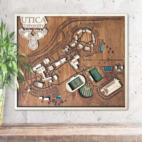 3D wooden map of Utica University campus with layered buildings and pathways