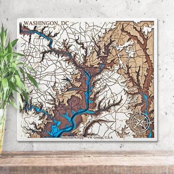 Washington DC 3D wooden map with topographic details