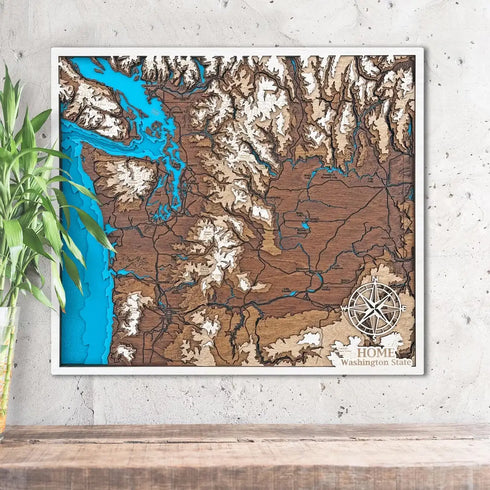Washington State 3D wooden map with layered Pacific Northwest detail
