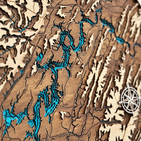 Close-up of Watts Bar Lake wooden map highlighting water channels