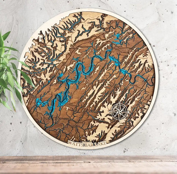 Watts Bar Lake Tennessee 3D wooden map with layered shoreline design