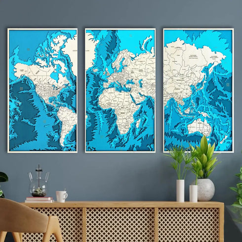 3D wooden triptych world map with engraved continents and blue oceans