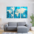 Handcrafted wood wall art showing world geography in three panels