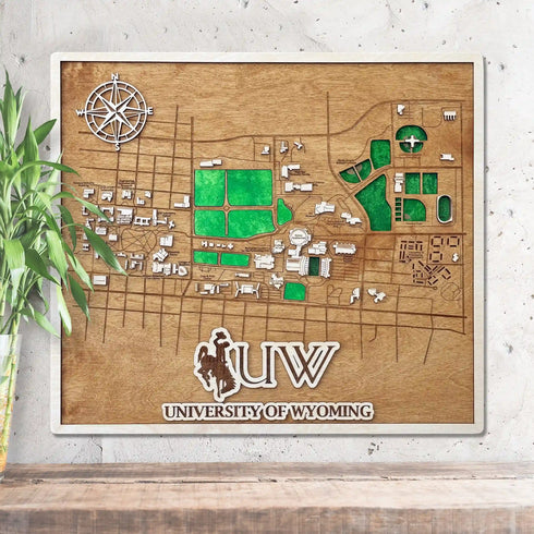 3D wooden map of University of Wyoming campus with layered design and green fields