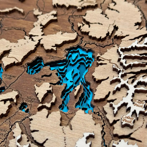 Close-up of Yellowstone Lake 3D wooden map with layered depth
