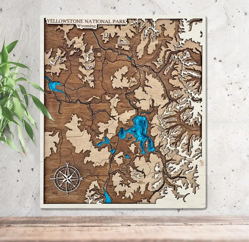Yellowstone National Park 3D wooden map showing layered lakes and mountains