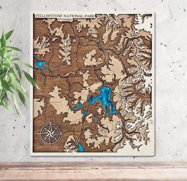 Yellowstone National Park 3D wooden map showing layered lakes and mountains