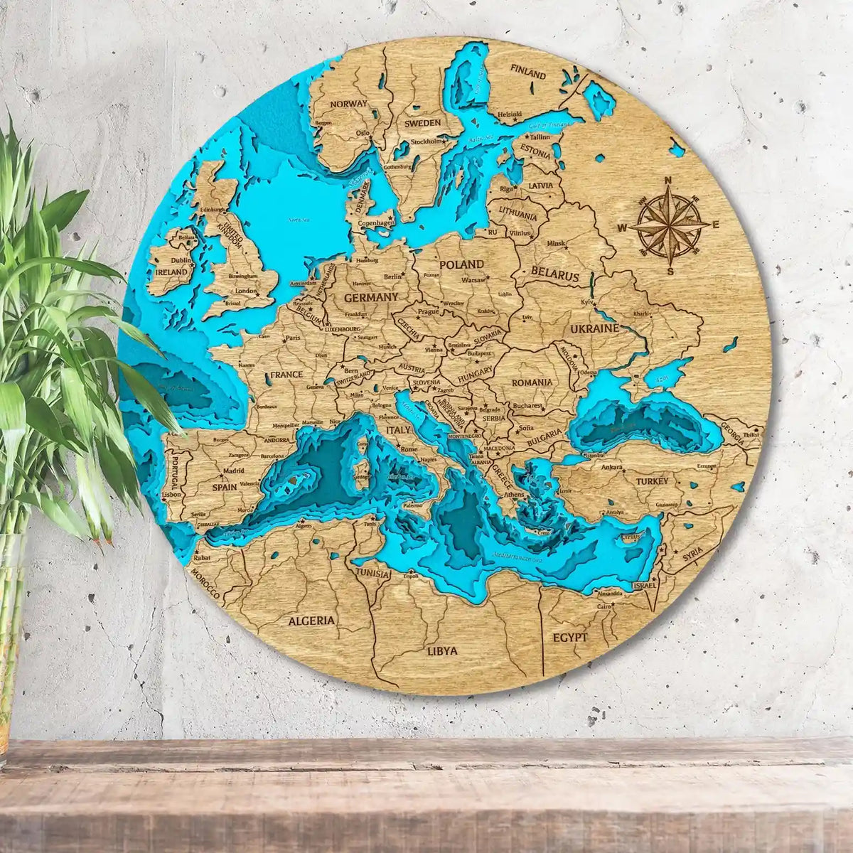 3D Wooden Map of Europe – Round Handcrafted Layered Wall Art – Custom ...
